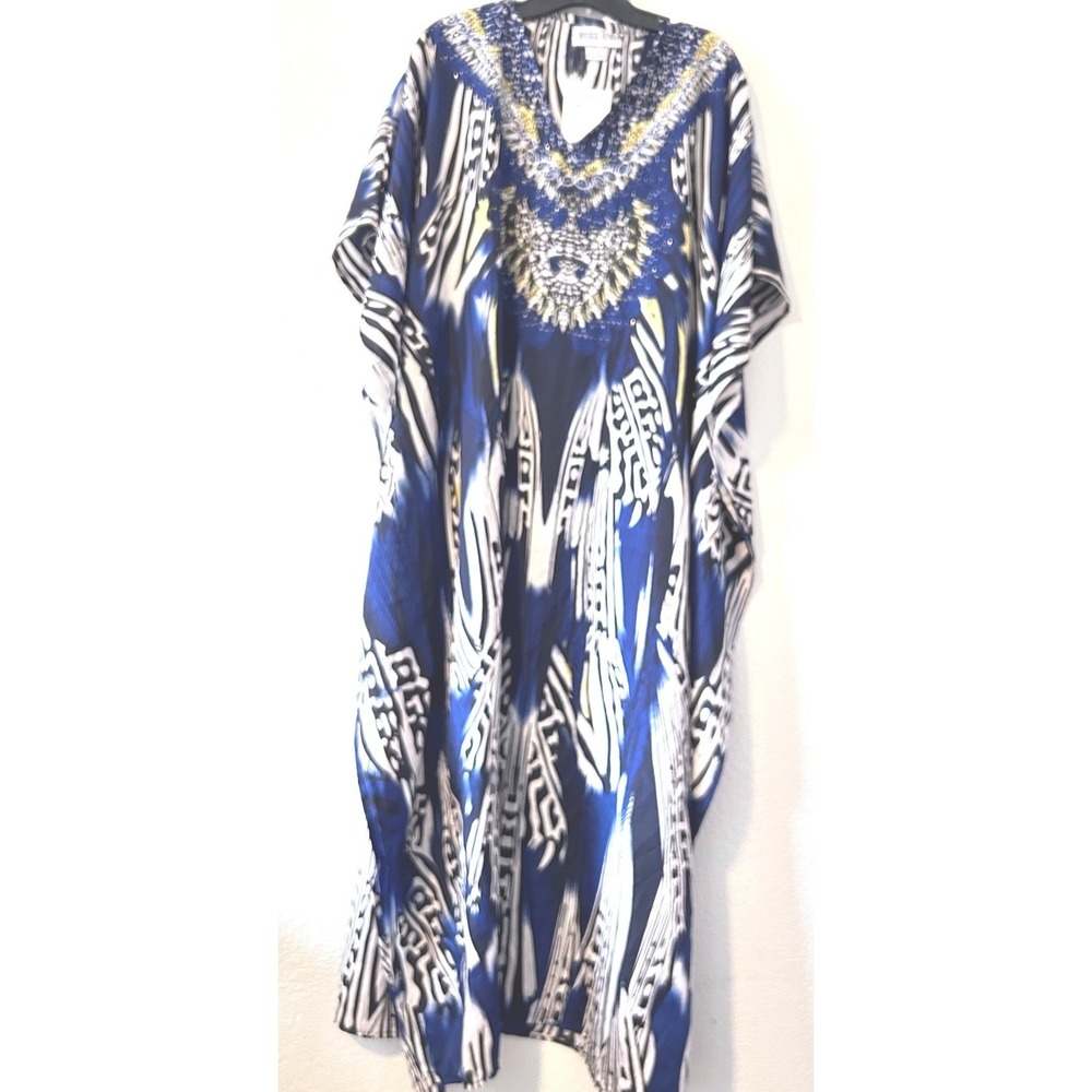 Boho Jessica Taylor NWT Blue Tribal‎ Print Embellished Kaftan Maxi Dress OS